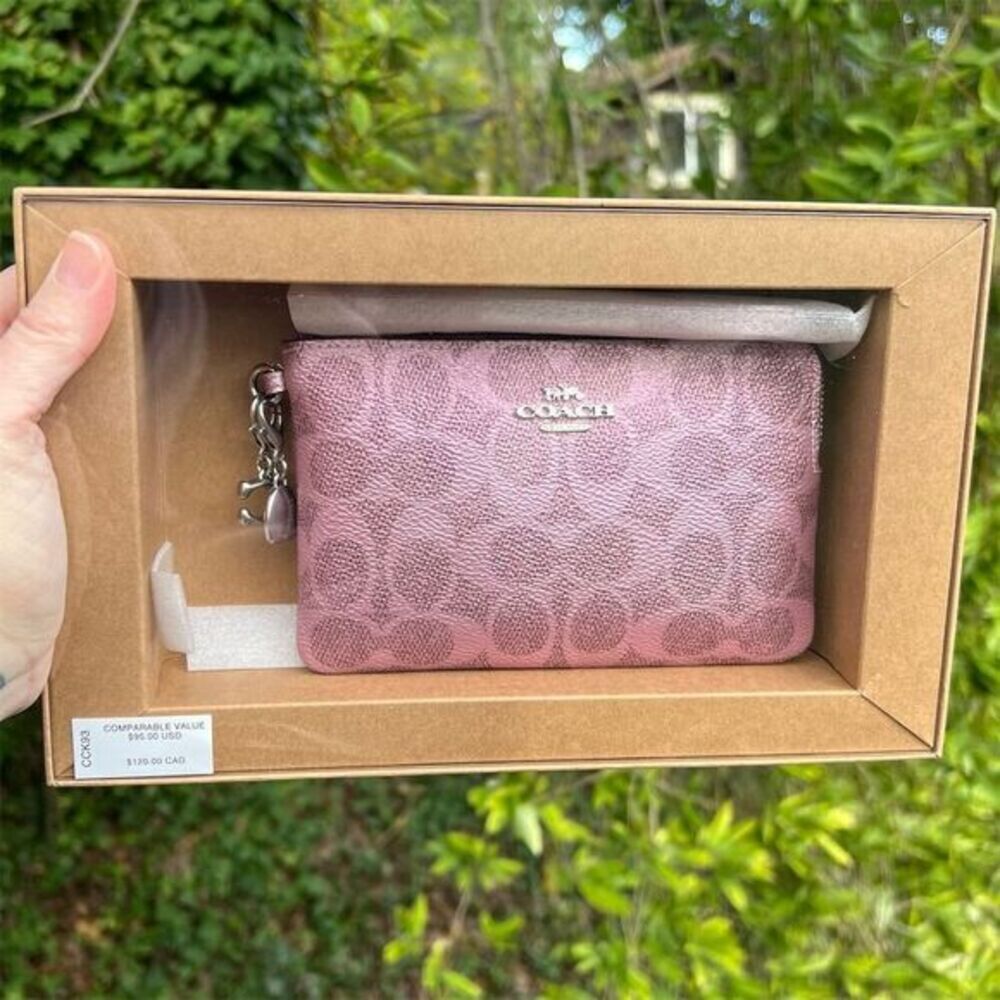 COACH Boxed Corner Zip Wristlet Sig. Canvas Pink Rose Silver Hardware w Charms